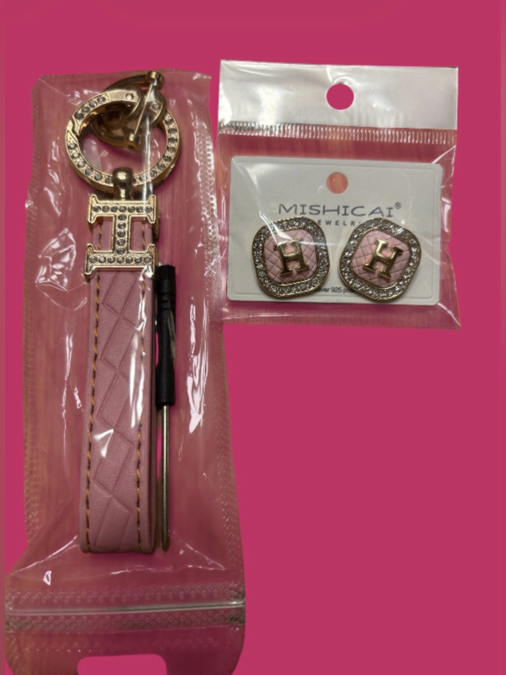 Pink Wristlet Keychain and Earring Set